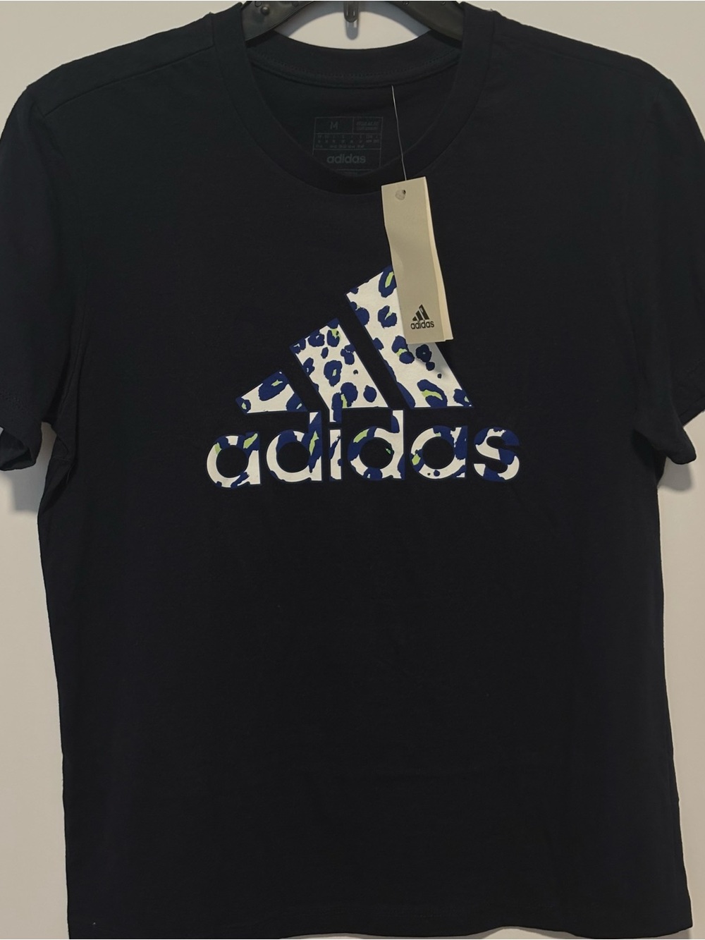 adidas Black Short-Sleeve Logo Tee with Blue Leopard Accent